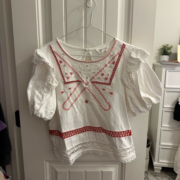 Anthropologie Ivory Top with Crimson Stitching - Picture 1 of 4